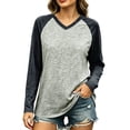 thumbnail image 1 of Levmjia Women Raglan Long Sleeve V Neck Color Block Top Casual Contrast Sleeve Loose Fit Solid Basic Casual Fall Tee, 1 of 6