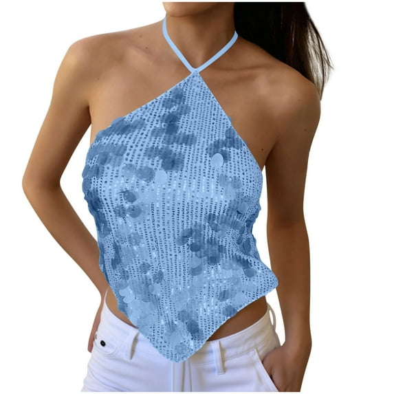 Levmjia Women Sequin Halter Top Casual Sleeveless Bright Round Neck Sling Loose Fit Shirt For Party Daily Wear Solid Color Fashion Apparel