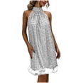thumbnail image 1 of Levmjia Women Sequin Mini Dress Hanging Neck Sleeveless Solid Color Off Shoulder Casual Party Cocktail With Night Out Club Vacation Daily Wear, 1 of 7