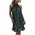 thumbnail image 1 of Levmjia Women Sequin Mini Dress Hanging Neck Sleeveless Solid Color Off Shoulder Casual Party Cocktail With Night Out Club Vacation Daily Wear, 1 of 9