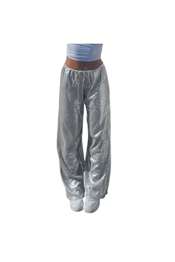 Women Sequin Pants Casual Long Solid Color Drawstring Elastic Waist Soft Polyester Joggers Home Yoga Running Party Travel and Daily Wear
