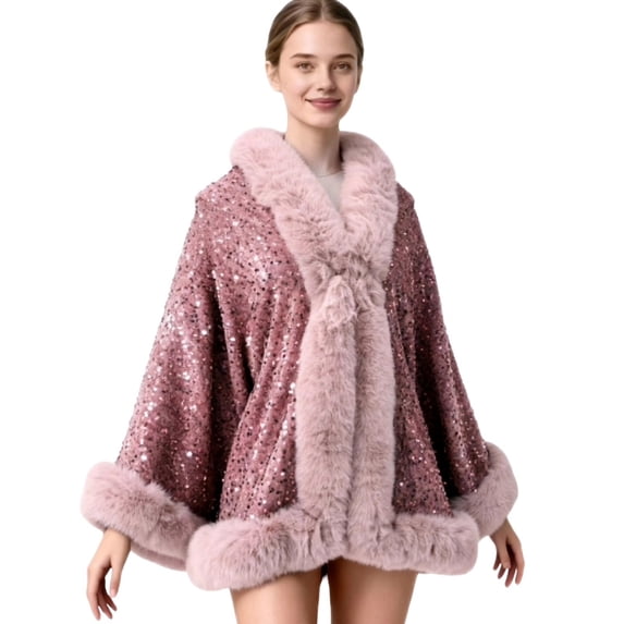 Levmjia Women Sequined Shawl Solid Wrap Cape Thick Warm Loose Swing Outerwear Elegant Evening Cover Up Autumn Winter Party Daily