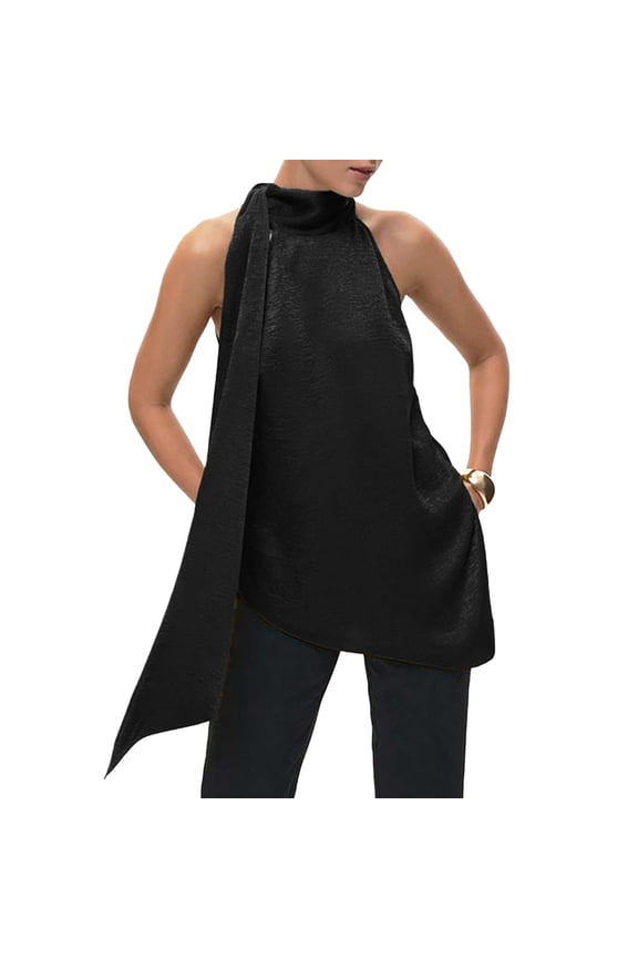 Women Sleeveless Halter Top Asymmetric Tie Neck Solid Color Elegant Summer Blouse Turtleneck High Neck Casual Going Out