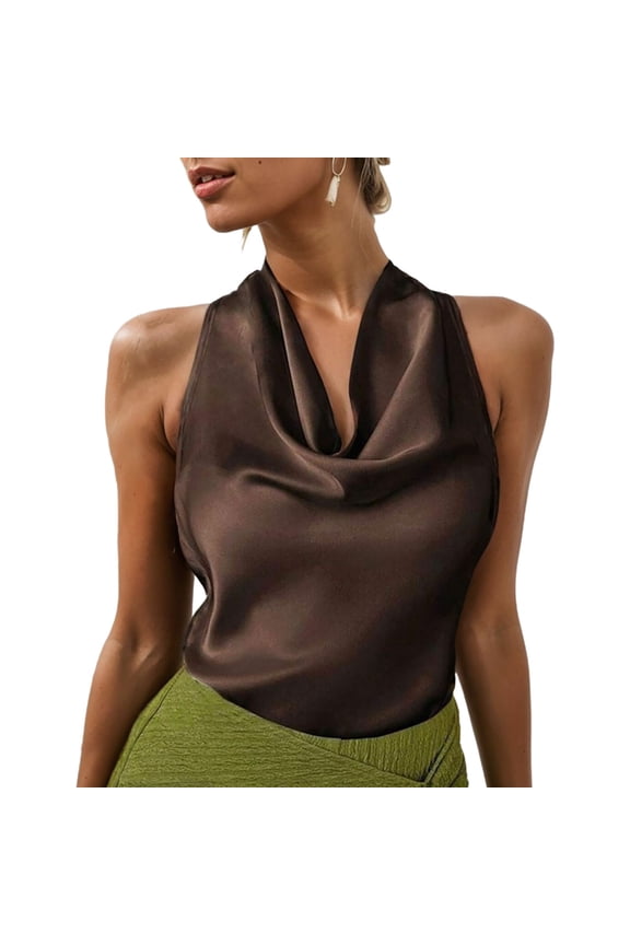 Women Sleeveless Halter Top Cowl Neck Back Tie Wrap Blouse Sexy Elegant Party Going Out Satin Camisole Solid Color Chic Summer Top