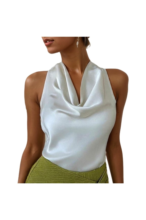 Women Sleeveless Halter Top Cowl Neck Back Tie Wrap Blouse Sexy Elegant Party Going Out Satin Camisole Solid Color Chic Summer Top
