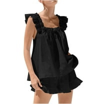 Levmjia Women Sleeveless Ruffle Tops Shorts Set Summer Casual Outfits Soft Polyester Two Piece Pajama Wear Solid Color Comfortable Sleepwear wear Set for Women