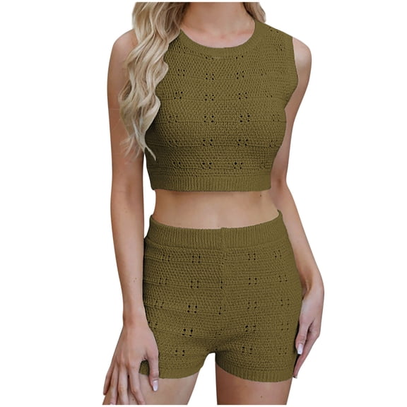 Levmjia Women Sleeveless Tops Shorts Set 2 Piece Outfit Summer Casual Polyester Knitted Comfortable Stretchy Lightweight Breathable Solid Color Wear Plus Size