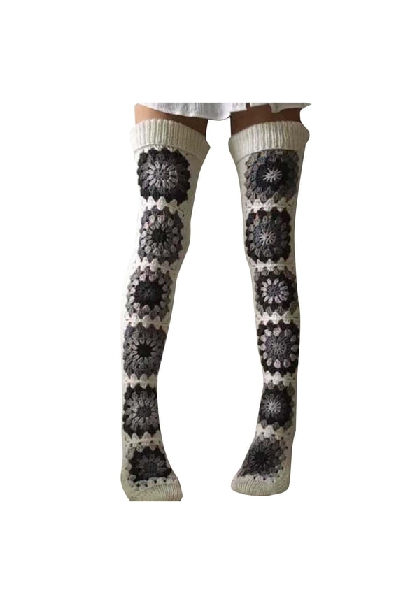 Women Socks Winter Casual Knitted Floral Printed Warm Boho Long Stocking Cozy Stretchy Over Knee Socks Home Comfort Daily Wear