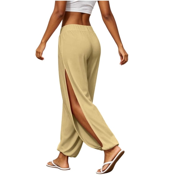 Levmjia Women Solid Color Side Slit Wide Leg Pants High Waisted Elastic Waist Casual Yoga Trousers for Summer Beach Vacation