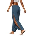 thumbnail image 1 of Levmjia Women Solid Color Side Slit Wide Leg Pants High Waisted Elastic Waist Casual Yoga Trousers for Summer Beach Vacation, 1 of 9