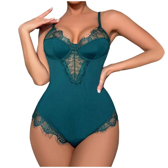 Levmjia Women Solid Lingerie Bodysuit Set Mesh Lace Set Front Cutout Spaghetti Strap One Piece Suit Soft Stretchy Figure Hugging Sleepwear Honeymoon Date Night