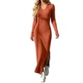 thumbnail image 1 of Levmjia Women Solid Ribbed Maxi Dress Knit Turn Down Collar Long Sleeve Slim Fit Stretchy Soft Elegant Bodycon Dress Daily Dating Party Office, 1 of 6