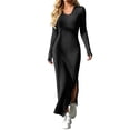 thumbnail image 1 of Levmjia Women Solid Ribbed Maxi Dress Knit Turn Down Collar Long Sleeve Slim Fit Stretchy Soft Elegant Bodycon Dress Daily Dating Party Office, 1 of 6