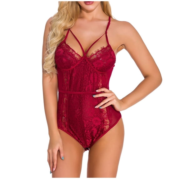Levmjia Women Solid Sheer Mesh Lingerie Bodysuit Set Lace Lingerie Set Deep V Hollow One Piece Suit Soft Stretchy Sleepwear Honeymoon Date Night Private Special Occasions