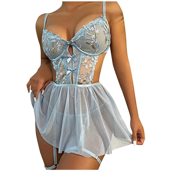 Levmjia Women Spaghetti Strap Lace Lingerie Two Piece Set Floral Mesh Corset Top Flared Mini Skirt Panties Indoor Leisure Solid Color Cutout Ruffle Hem Bedroom Valentine