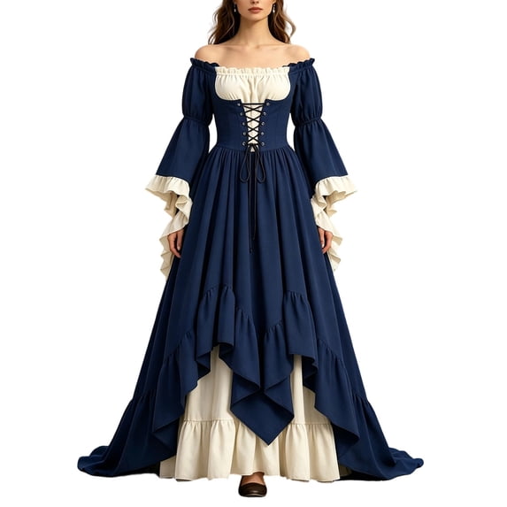 Levmjia Women Square Neck Puff Sleeve Maxi Dress Lace Up Waist Light Breathable Halloween Party Vintage Events Solid Color