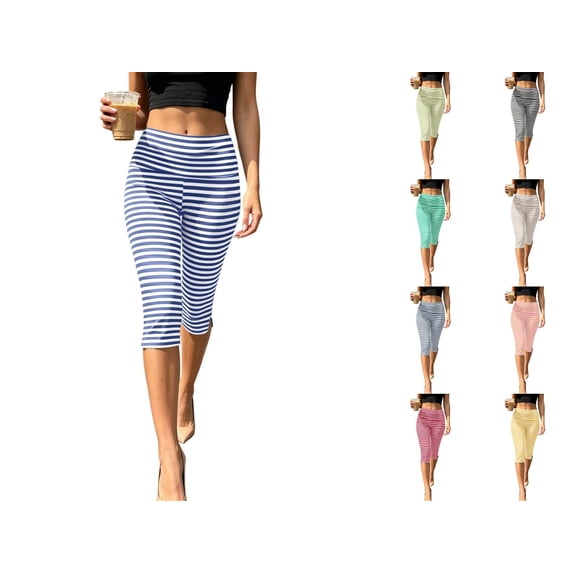 Levmjia Women Striped Capri Pants High Waisted Side Slit Stretch Tight Fit Workout Leggings Casual Athletic Cropped Leggings for Summer