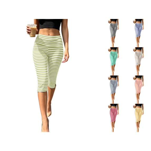 Levmjia Women Striped Capri Pants High Waisted Side Slit Stretch Tight Fit Workout Leggings Casual Athletic Cropped Leggings for Summer