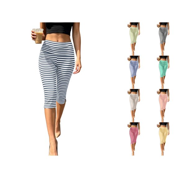 Levmjia Women Striped Capri Pants High Waisted Side Slit Stretch Tight Fit Workout Leggings Casual Athletic Cropped Leggings for Summer