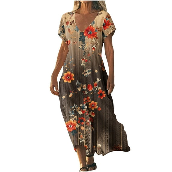 Levmjia Women Summer Casual Dress Short Sleeve V Neck Floral Comfortable Polyester Spandex Stretchy Flowy Beach Vacation Multi Colors Available