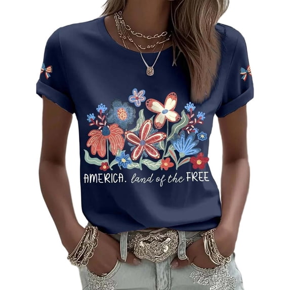Levmjia Women Summer Casual Short Sleeve Anniversary T-Shirt Vintage American Flag Butterfly Floral Print Round Neck Patriotic Top Shirt