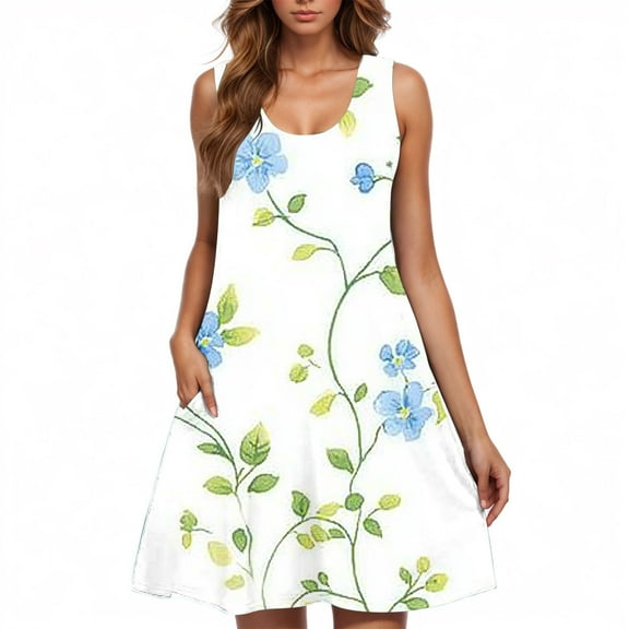 Levmjia Women Summer Dresses Floral Sleeveless Round Neck Casual Loose Fit Cotton Beach Vacation Maxi Multi Colors Sale
