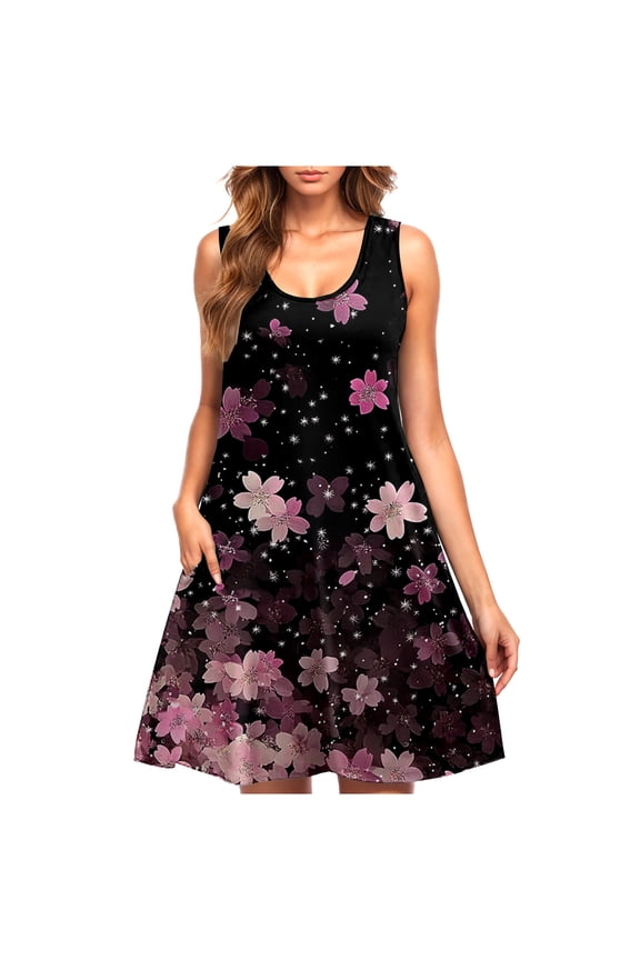 Women Summer Dresses Sleeveless Floral Casual Round Neck Polyester Plus Size Comfortable Loose Fit Beach Vacation Party Wear Limited Offer
