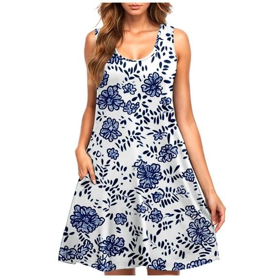 Levmjia Women Summer Dresses Sleeveless Floral Casual Round Neck Polyester Plus Size Comfortable Vacation Beach Party Outfit Multi Color Options
