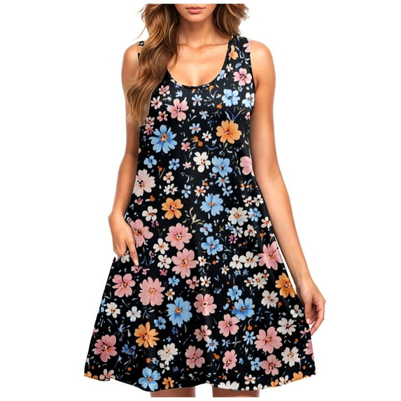 Levmjia Women Summer Dresses Sleeveless Floral Print Casual Round Neck Polyester Comfortable Beach Vacation Office Multi Color Options
