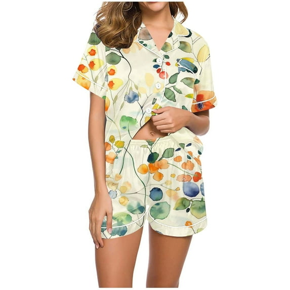 Levmjia Women Summer Pajama Set Polyester Short Sleeve Lapel Top Shorts Sleepwear Loungewear Soft Breathable Comfortable Home Outfit Casual Two Piece Set