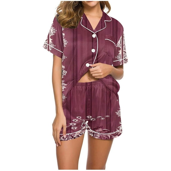 Levmjia Women Summer Pajama Set Polyester Short Sleeve Lapel Top Shorts Sleepwear Loungewear Soft Breathable Comfortable Home Outfit Casual Two Piece Set