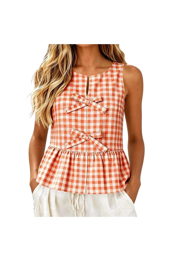 Women Summer Sleeveless Gingham Top Check Bow Tie Front Keyhole Neck Casual Loose Fit Peplum Blouse