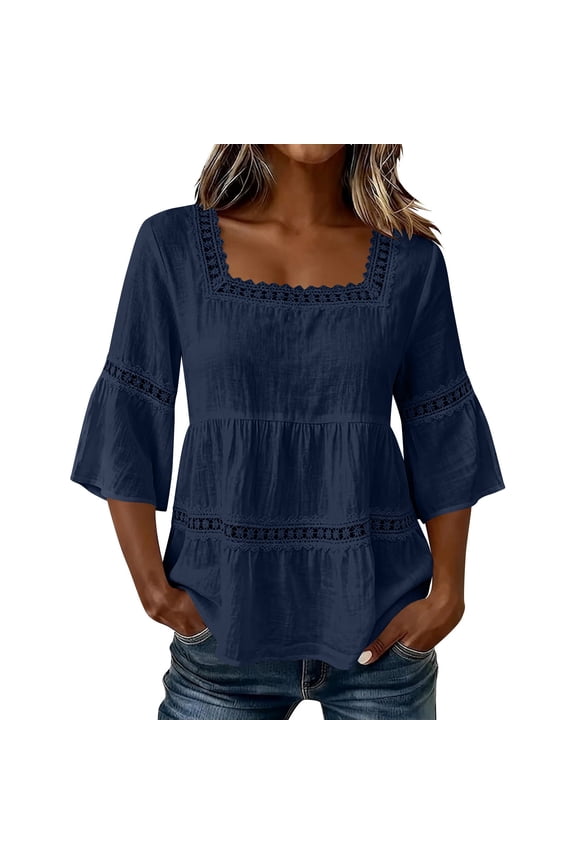 Women Summer Solid Color Square Neck Top Flare Sleeve Crochet Lace Casual Loose Fit Peasant Blouse Cotton Linen Mix Daily Vacation