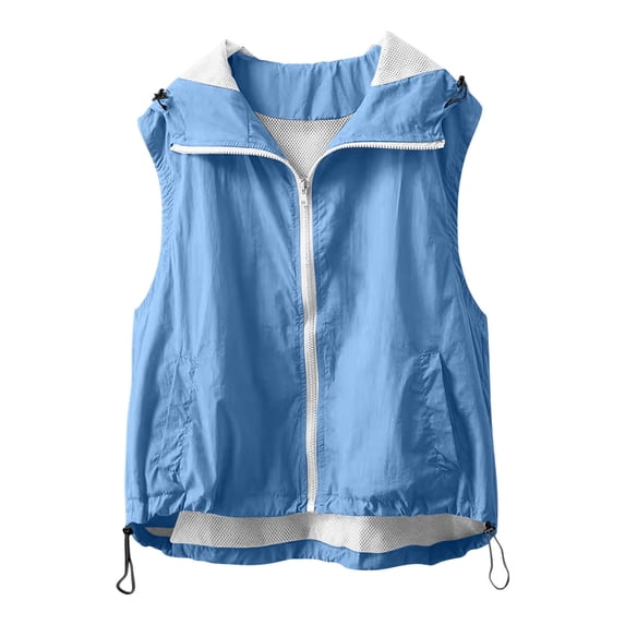 Levmjia Women Summer Solid Color UV Protection Vest Sleeveless Hooded Windbreaker with Drawstring Hem Mesh Lining Quarter Zip Casual运动 Activewear