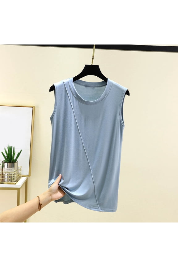 Women Tank Tops Sleeveless Round Neck Casual Summer Tshirt Polyester Soft Comfortable Stretchy Slim Fit Solid Color Tee for Daily Wear