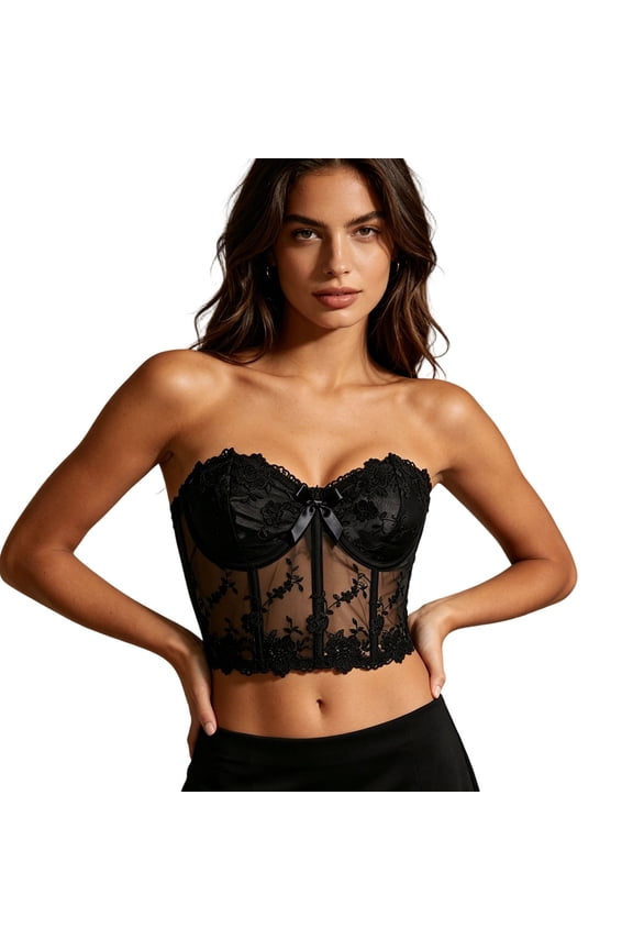 Women Tummy Control Corset Top Sheer Mesh Lace Strapless Bow Support Slimming Short Waist Shaper Club Party Outfit Postpartum Body Shaping Daily