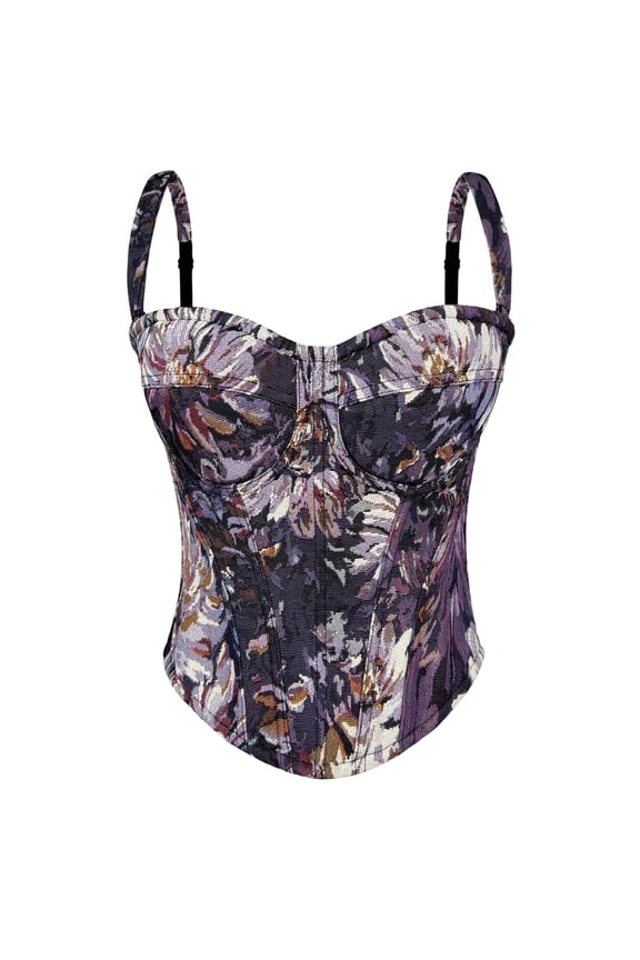 Women Tummy Control Corset Top Shiny Floral Printed Strap Sweetheart Back Lace Up Bone Support Slimming Waist Shaper Body Shaping Trendy