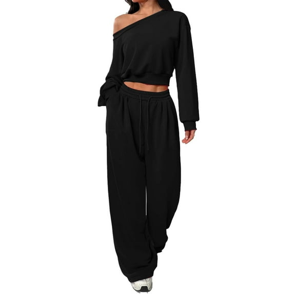 Levmjia Women Two Piece Set Casual Fashion Solid Color Off Shoulder Sweater and Wide Leg Elastic Waist Drawstring Pants Soft Stretchy Comfortable Outfit Daily Wear Fall Winter