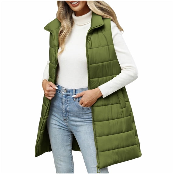 Levmjia Women Vest Winter Warm Solid Color Sleeveless Long Jacket Cotton Padded Thermal Puffer Coat With Pockets For Outdoor Casual Work Office And Daily Wear