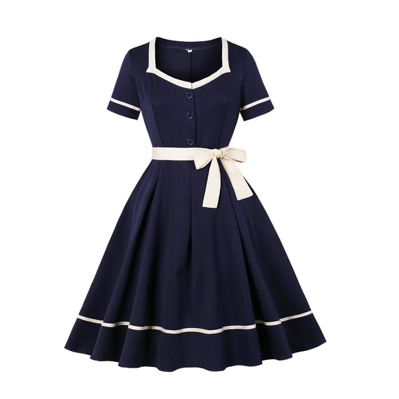 Levmjia Women Vintage Dress V Neck Casual Short Sleeve Bow Belt Solid Color Knee Length Polyester Comfortable Party Wear Vacation Outfit