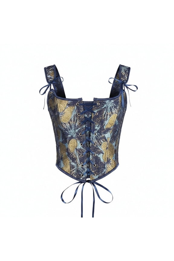 Women Waist Corset Top Galaxy Printed Shoulder Strap Lace Up Support Tummy Control Slimming Body Shaper Party Bride Stage Show Postpartum Shaping Holiday