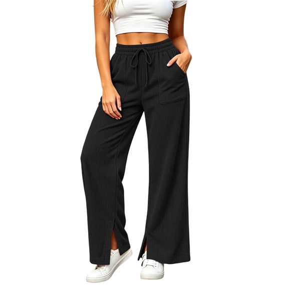 Levmjia Women Wide Leg Corduroy Pants High Waisted Drawstring Lounge Pants with Pockets Solid Color Casual Long Trousers
