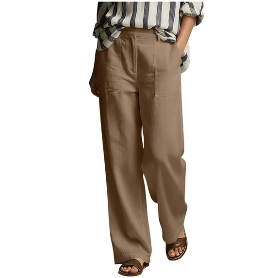 Levmjia Women Wide Leg Cotton Linen Pants High Waisted Elastic Waist Summer Casual Pure Color Loose Fit Breathable Lightweight Comfortable Pants For Women With Side Pockets