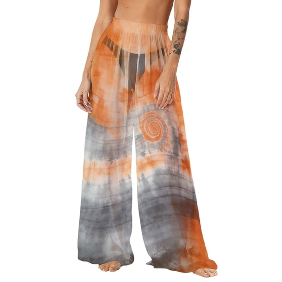 Levmjia Women's 100% Polyester Chiffon Beach Pants Swim Cover Up Tie Dye Print Loose Fit UV Protection Plus Size S-2XL Lightweight Summer Casual Pants