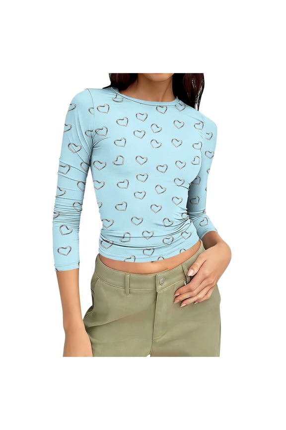 Women's 3/4 Sleeve Crewneck Crop Top Grid Print Casual Slim Fit Stretch Spring Summer Fashion Tee