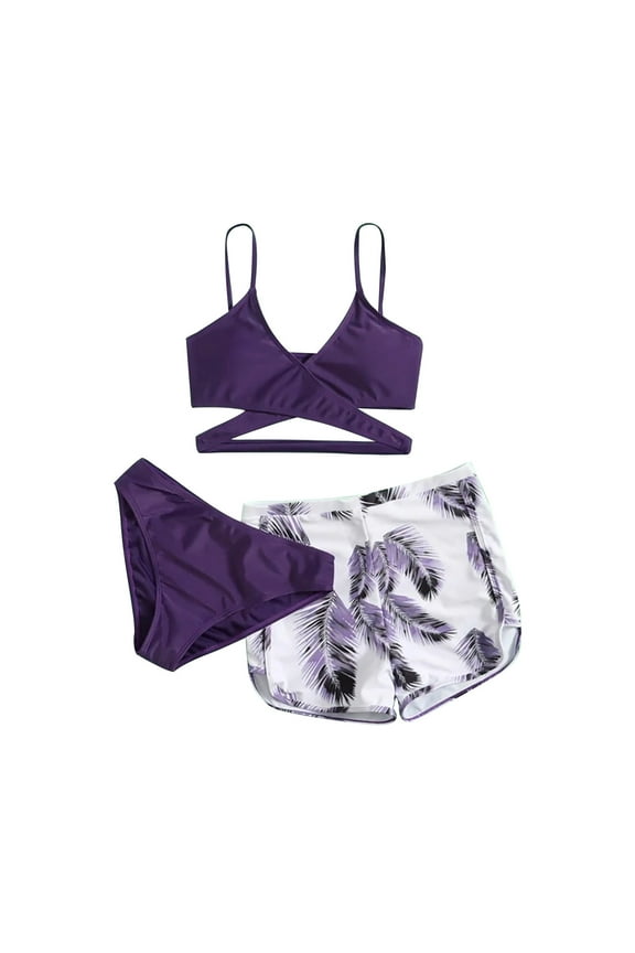Women's 3 Piece Bikini Set Swimsuit High Waisted Shorts Plus Size S - XL Tropical Leaf Print Swimwear Beach Bathing Suit Cover Up