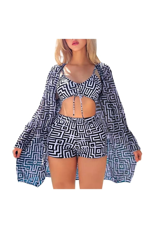 Women's 3-Piece High Waist Bikini Swimsuit Set with Cami Top Printed Swimsuit Beach Cover Up Swimwear for Women S-XL