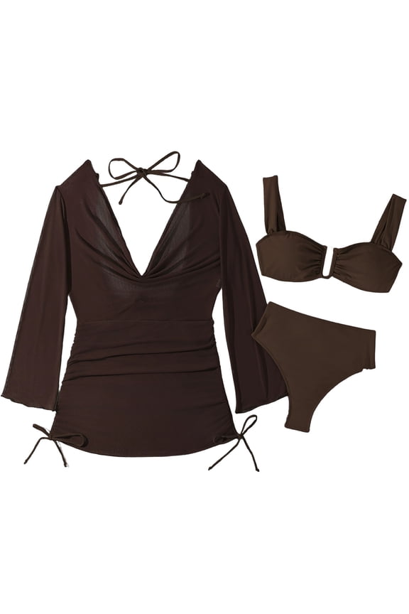 Women's 3 Piece Swimsuit Set High Waisted Bikini Cover Up Tassel Tie Black Swimwear Plus Size XS - XL Nylon Spandex