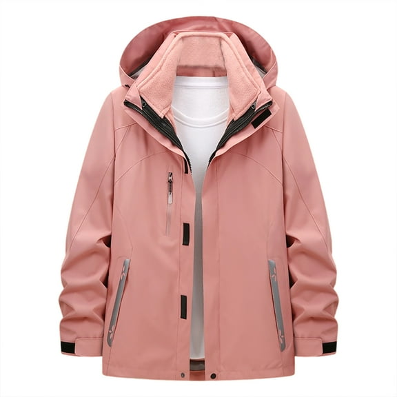 Levmjia Women's 3-in-1 Detachable Hooded Jacket 100% Polyester Twill Outdoor Windbreaker Color-Block Hiking Raincoat Waterproof Work-Style Parka Multi-Functional Zippered Coat S-3XL