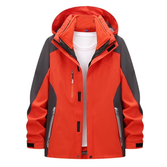 Levmjia Women's 3-in-1 Detachable Hooded Jacket 100% Polyester Twill Outdoor Windbreaker Color-Block Hiking Raincoat Waterproof Work-Style Parka Multi-Functional Zippered Coat S-3XL
